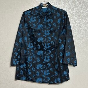 Dynasty Hong Kong Floral Brocade Mandarin Collar Jacket Vintage Black Blue‎ 14